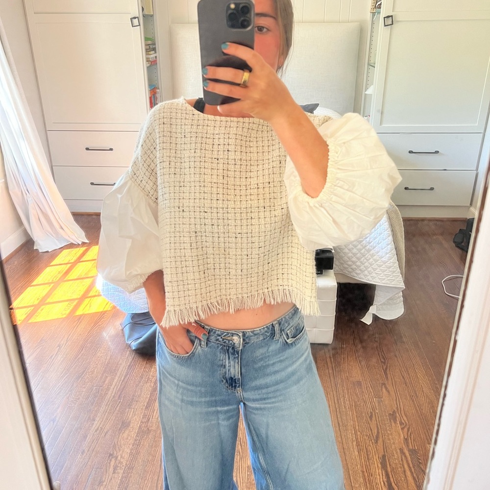 Zara White Textured Top with Puff Sleeves